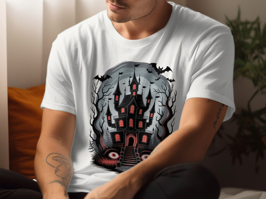 Person wearing a white t-shirt with a Halloween-themed design featuring a haunted house and bats.