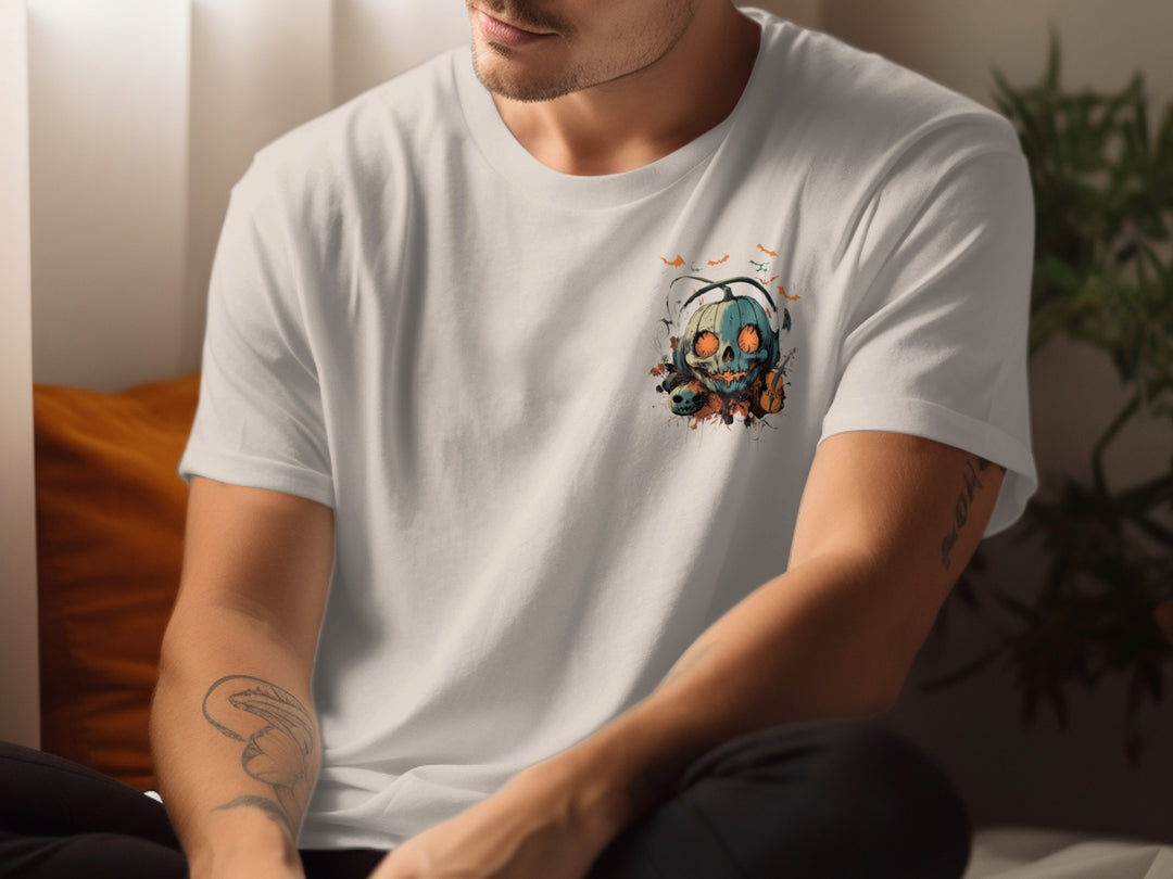 Person wearing a natural color t-shirt with a colorful skull design.