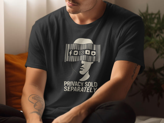 Person wearing a black t-shirt with a graphic design and text.