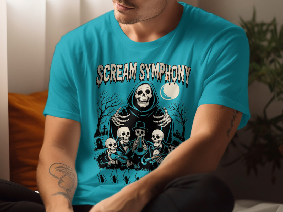 Person wearing a blue t-shirt with 'Scream Symphony' graphic design.