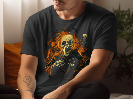 Person wearing a black t-shirt with a colorful skull design.