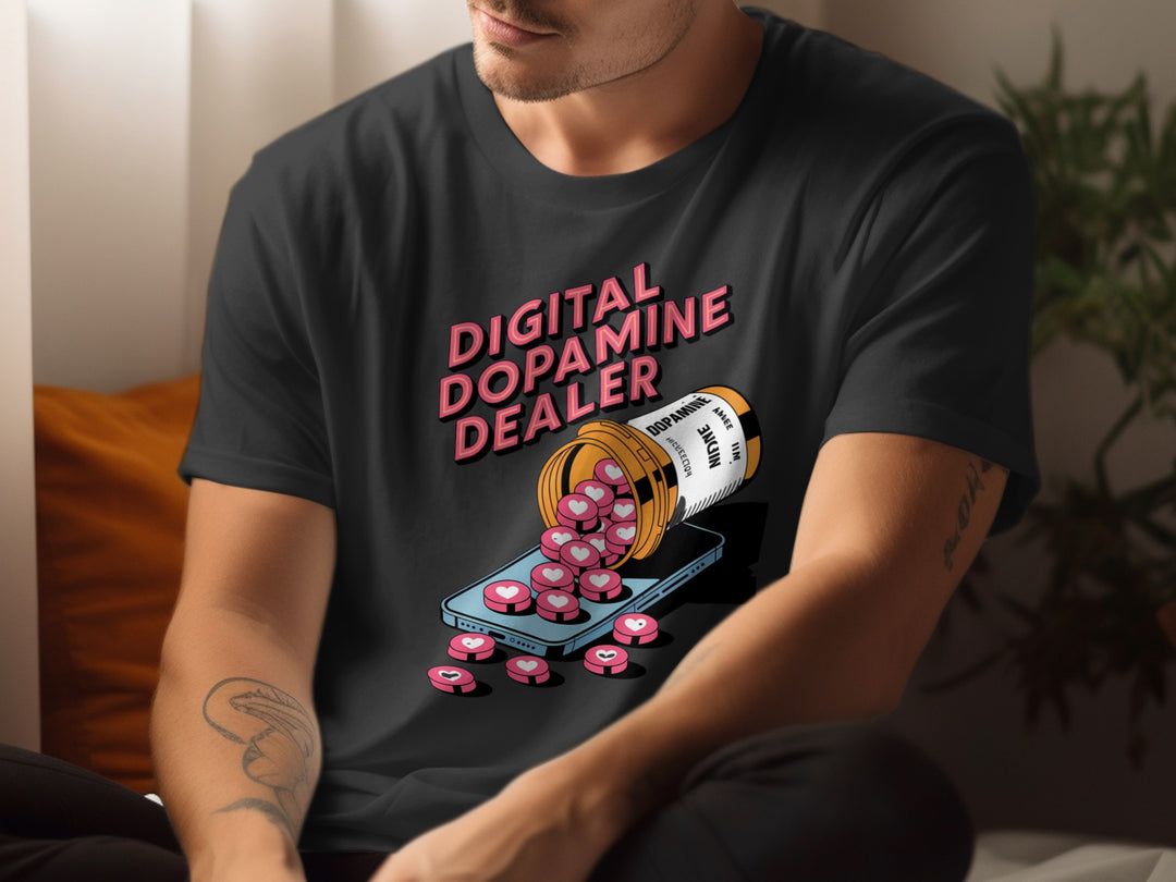 Person wearing a black t-shirt with 'Digital Dopamine Dealer' graphic design.