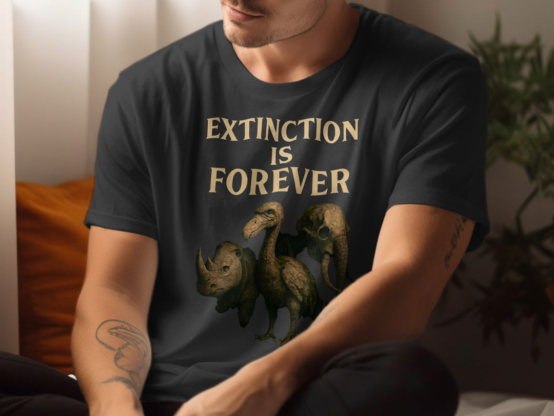 Person wearing a black t-shirt with 'Extinction is Forever' and dinosaur graphics.