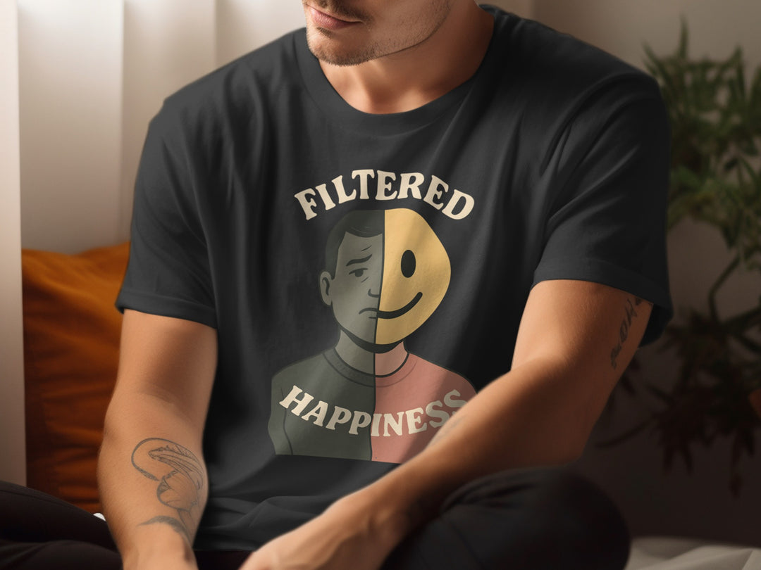 Person wearing a black t-shirt with a graphic design and text.