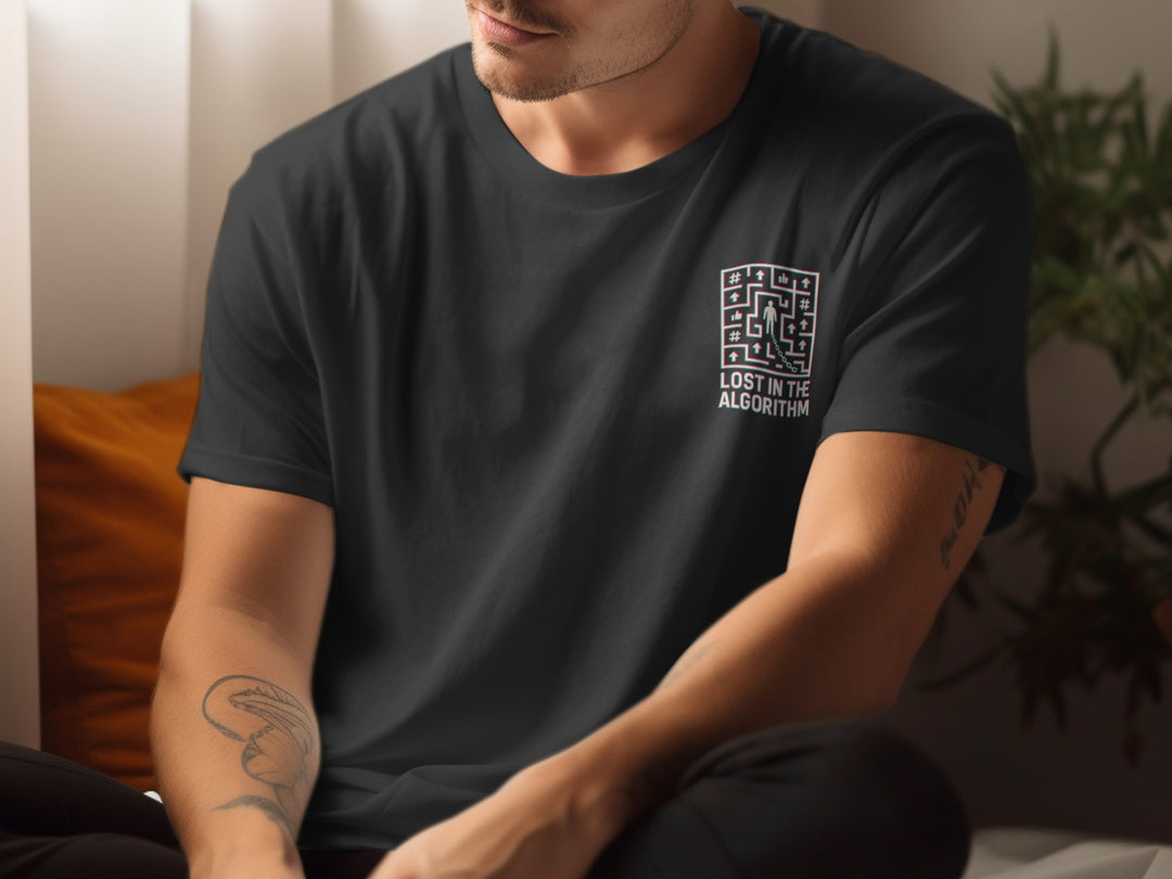 Person wearing a black t-shirt with a graphic design and text.