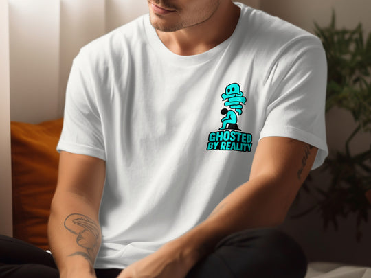Person wearing a white t-shirt with a graphic design and text.