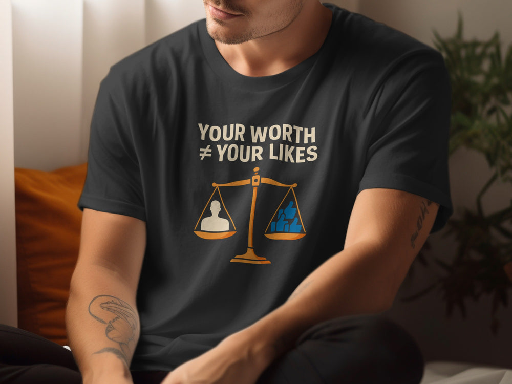 Person wearing a black t-shirt with a motivational message and graphic design.