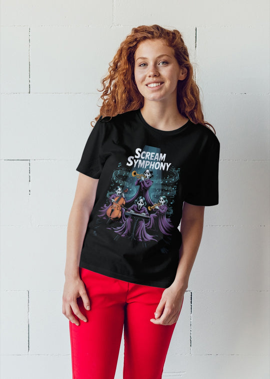 women's halloween t-shirt with spooky symphony masked orchestra design