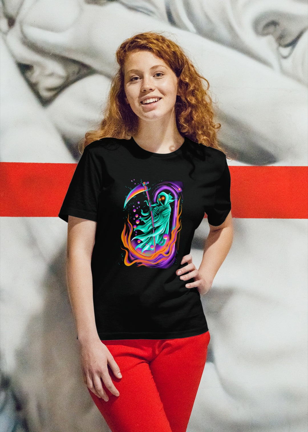 women's halloween t-shirt with neon reaper portal and glowing scythe graphic