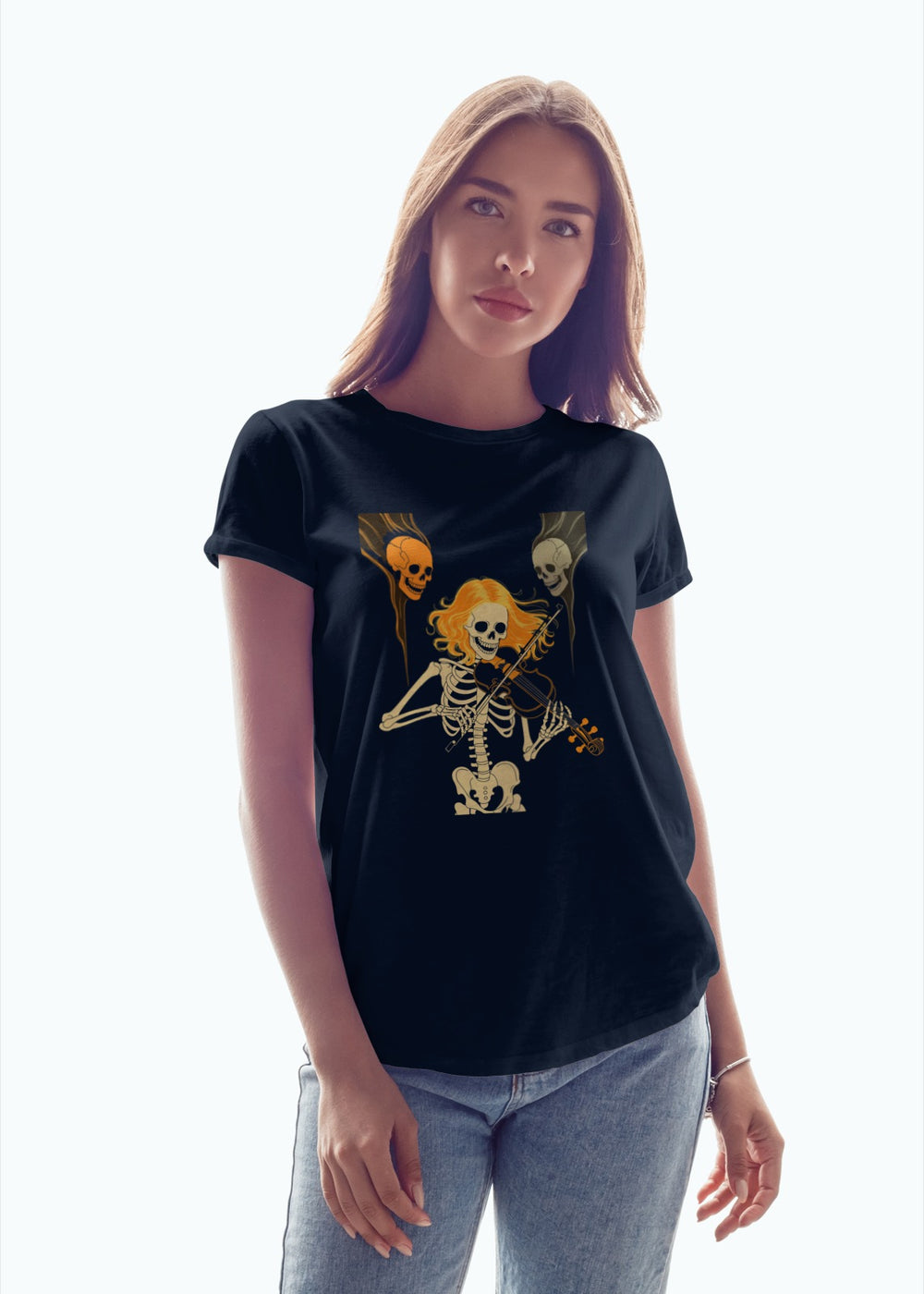 women's halloween t-shirt with ghostly violinist skeleton and floating skulls design