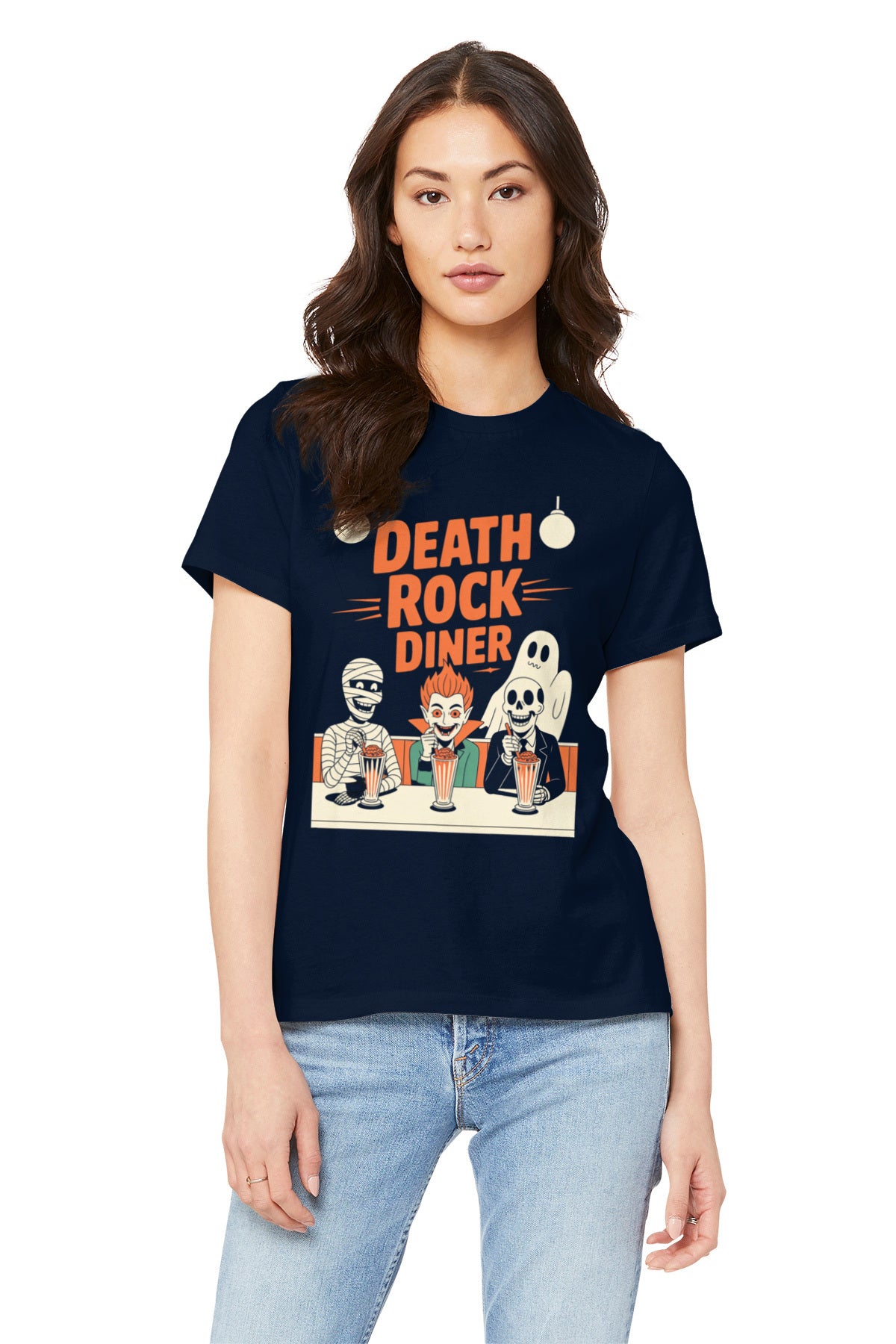Woman wearing a navy blue t-shirt with 'Death Rock Diner' graphic design.