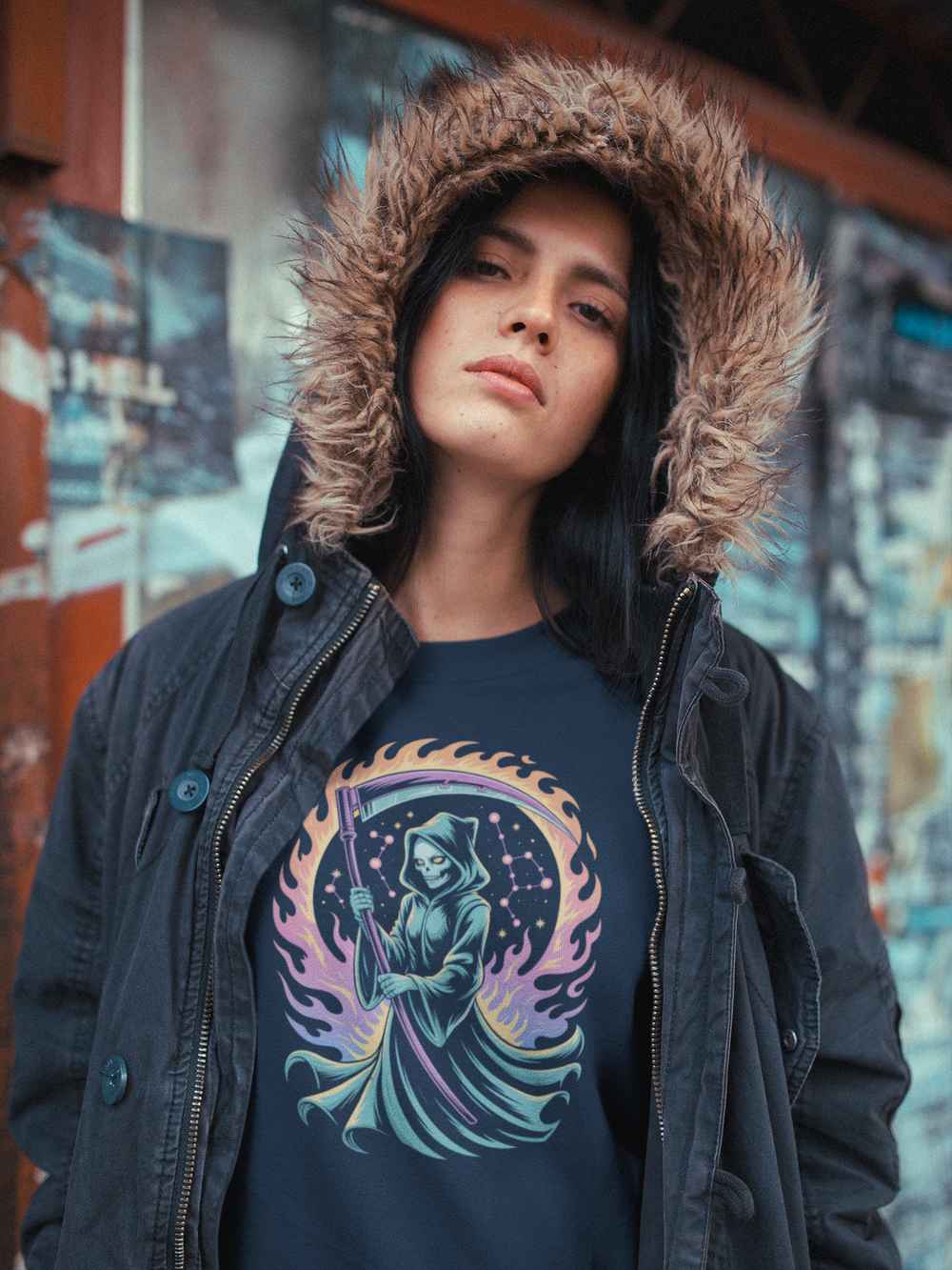 women's halloween t-shirt with cosmic grim reaper, constellations, and flaming scythe graphic