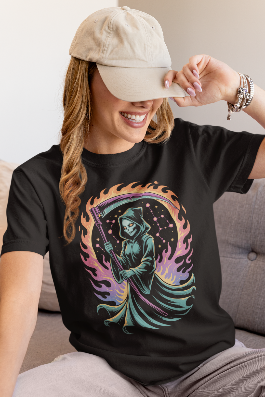 women's halloween t-shirt with cosmic grim reaper, constellations, and flaming scythe graphic