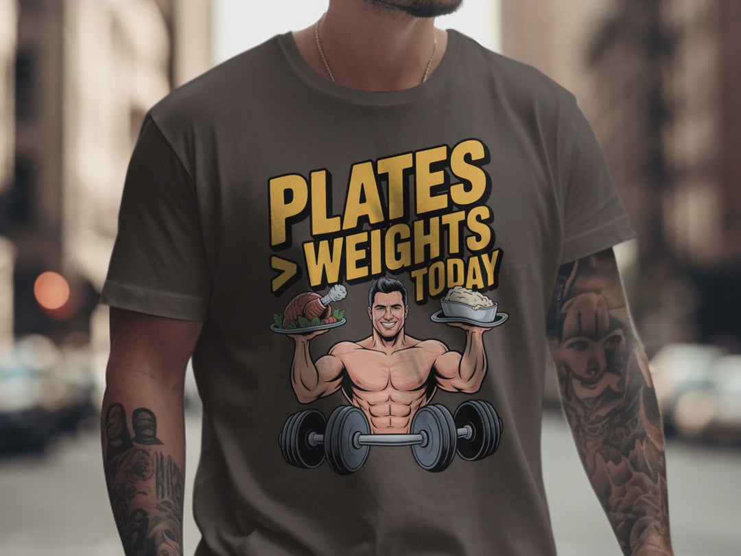 Thanksgiving men’s T-shirt with bodybuilder holding turkey and mashed potatoes; “Plates > Weights Today” text