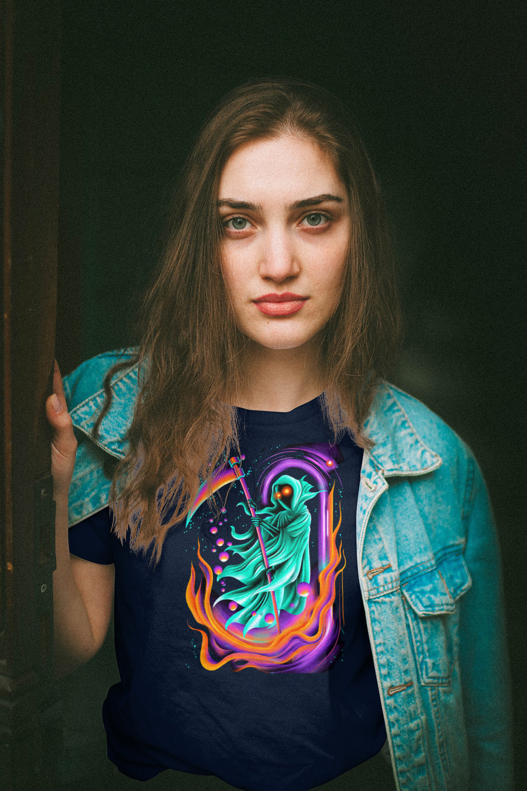 women's halloween t-shirt with neon reaper portal and glowing scythe graphic