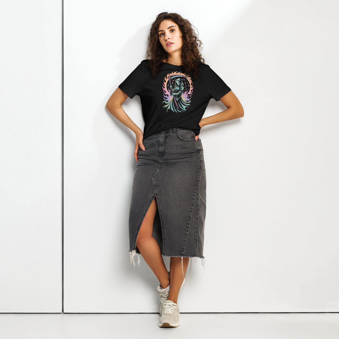 women's halloween t-shirt with cosmic grim reaper, constellations, and flaming scythe graphic
