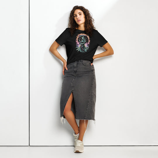 women's halloween t-shirt with cosmic grim reaper, constellations, and flaming scythe graphic