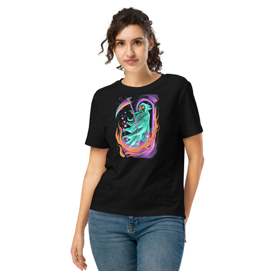 women's halloween t-shirt with neon reaper portal and glowing scythe graphic