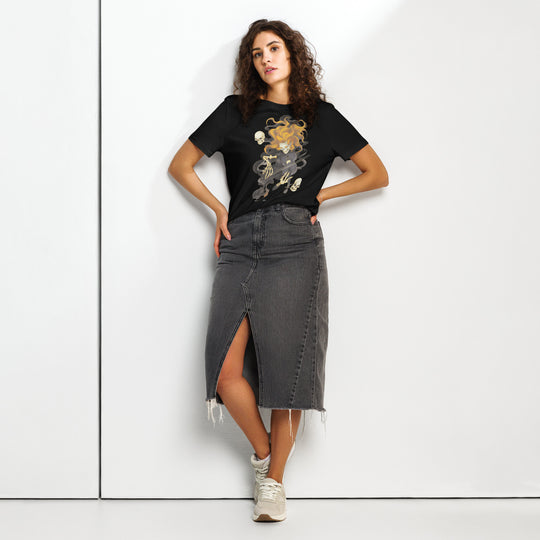 women's halloween t-shirt with fiery ghost violinist and swirling skulls graphic