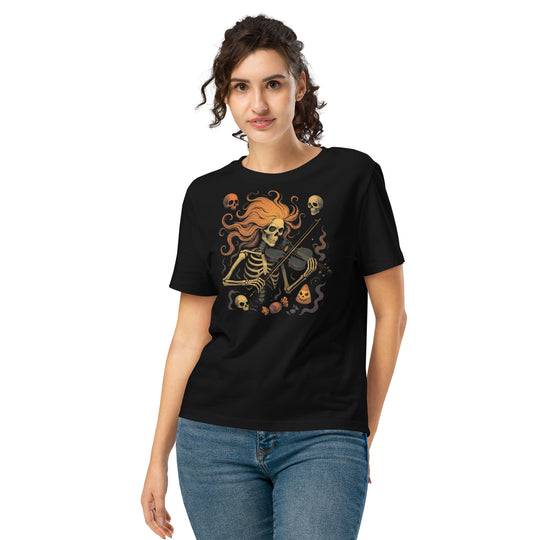 women's halloween t-shirt with skeleton violinist, skulls, and candy corn graphic