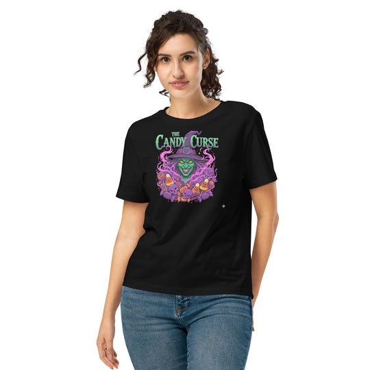 women's halloween t-shirt with candy curse witch, skulls, and candy corn graphic