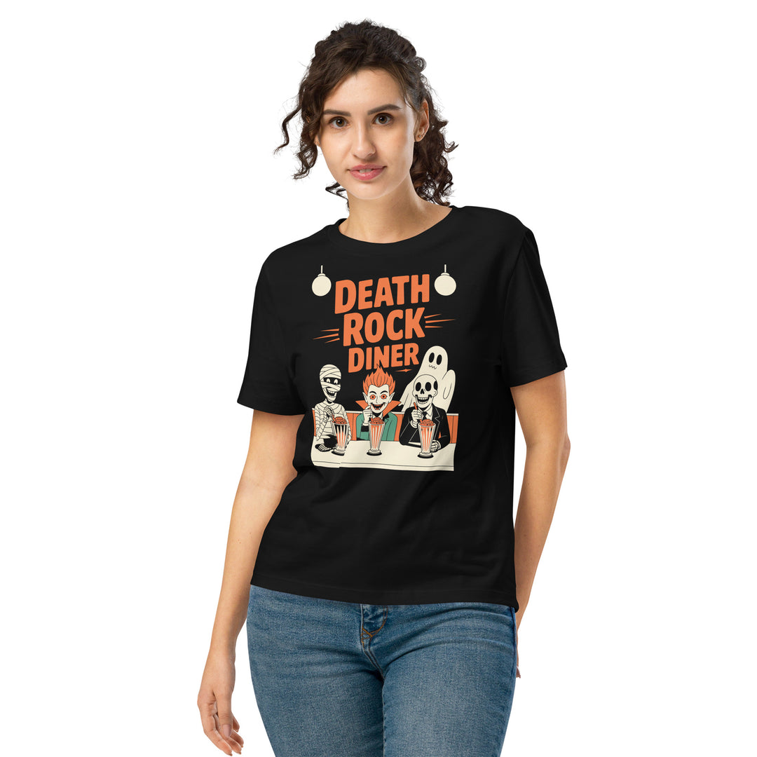 women's halloween t-shirt with retro diner monsters sharing milkshakes graphic