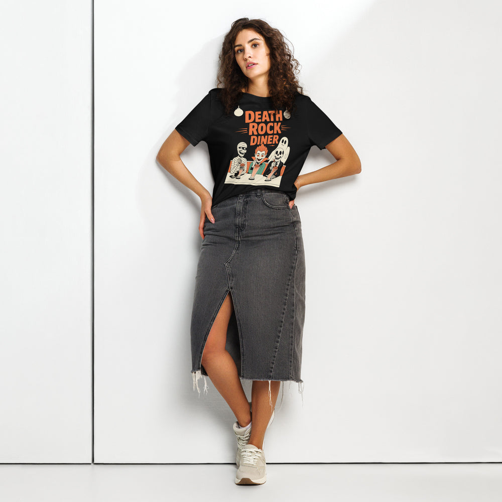 women's halloween t-shirt with retro diner monsters sharing milkshakes graphic