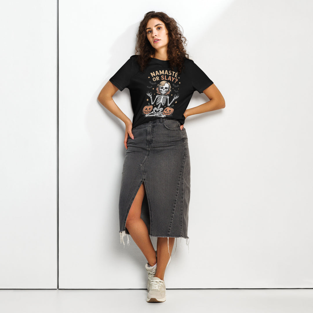 women's halloween t-shirt with skeleton yoga pose, pumpkins, bats and “namasté or slay?” text