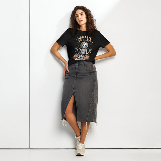 women's halloween t-shirt with skeleton yoga pose, pumpkins, bats and “namasté or slay?” text