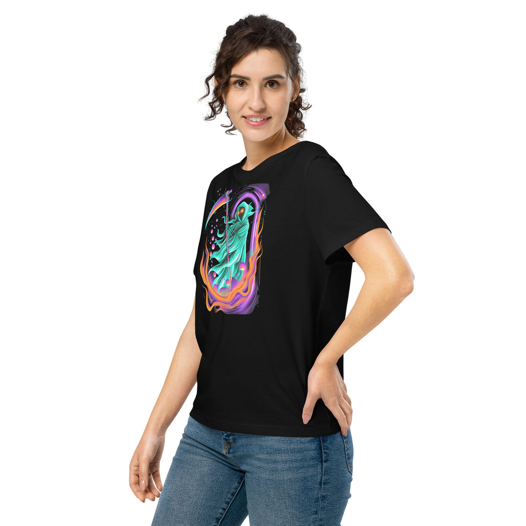 women's halloween t-shirt with neon reaper portal and glowing scythe graphic