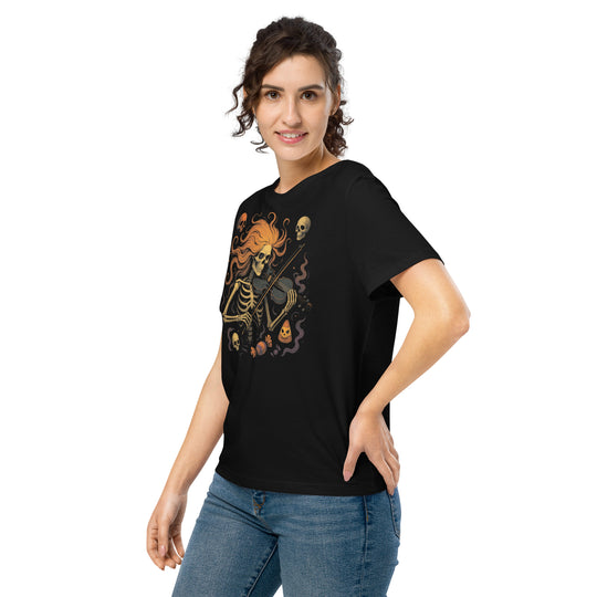 women's halloween t-shirt with skeleton violinist, skulls, and candy corn graphic