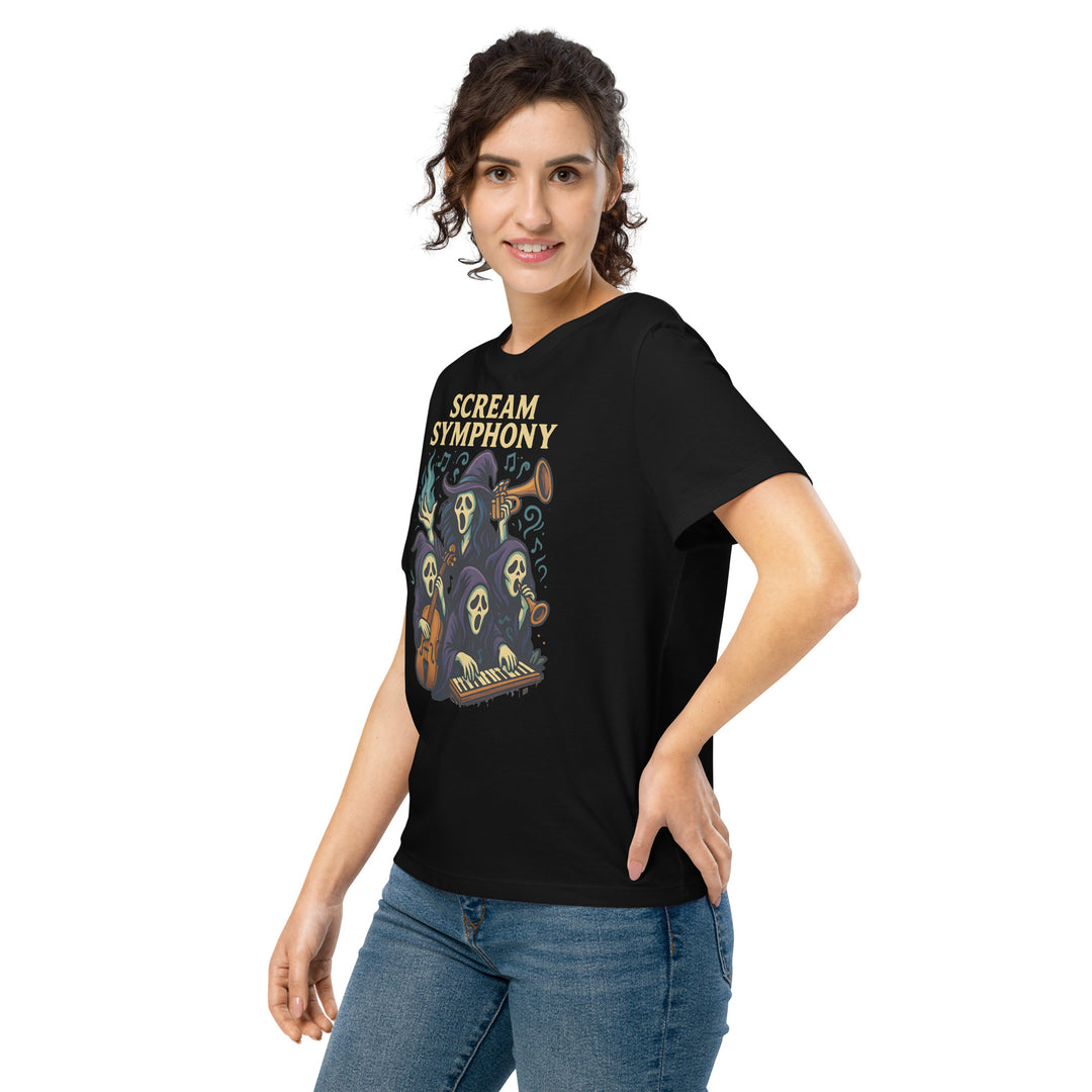 women's halloween t-shirt with scream symphony ghost orchestra graphic