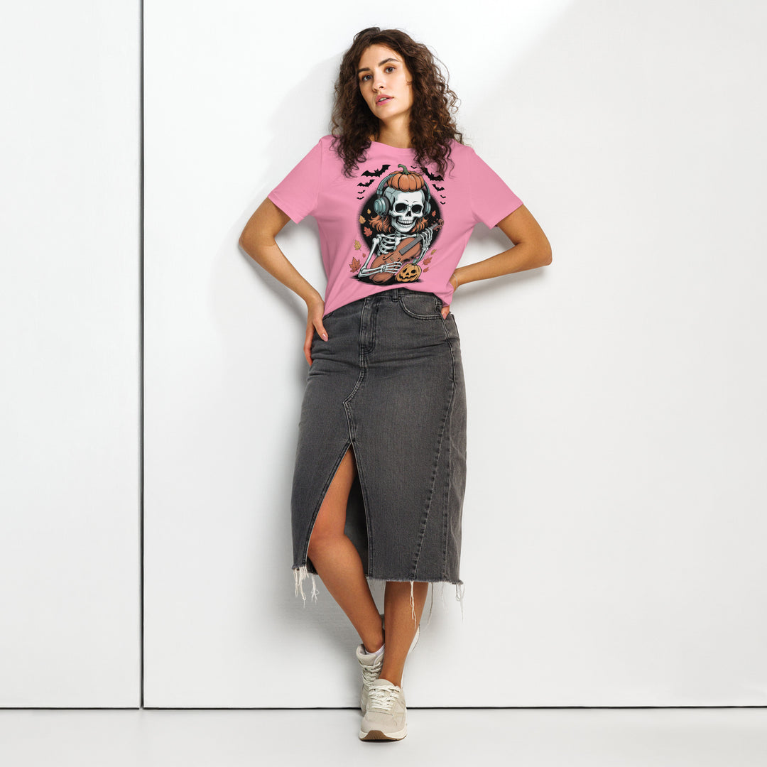 women's halloween t-shirt with skeleton in headphones playing violin and pumpkins