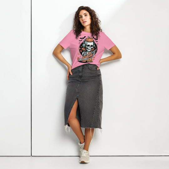 women's halloween t-shirt with skeleton in headphones playing violin and pumpkins