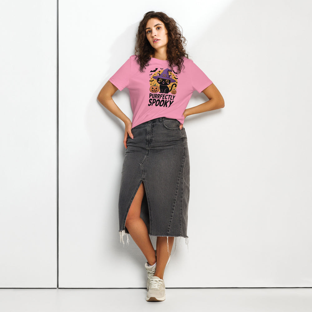 women's halloween t-shirt with black cat in witch hat and pumpkins, “purrfectly spooky”