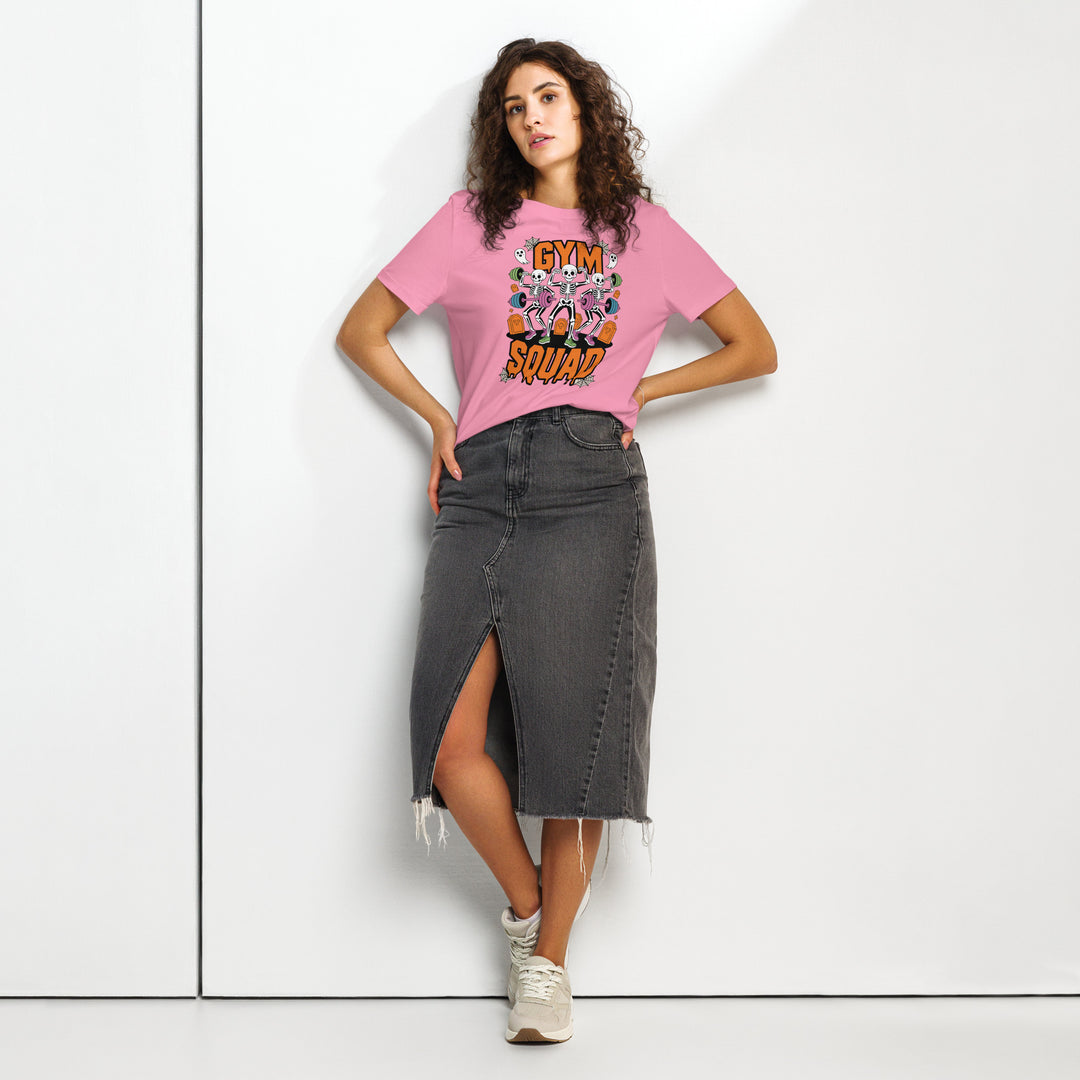 women's halloween t-shirt with three skeletons lifting colorful barbells, gym squad text