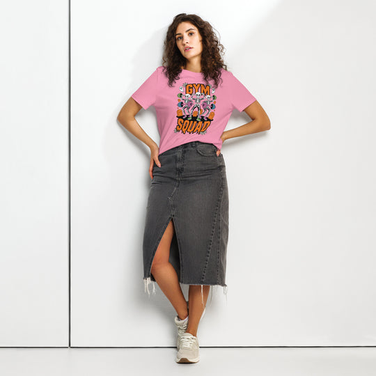 women's halloween t-shirt with three skeletons lifting colorful barbells, gym squad text