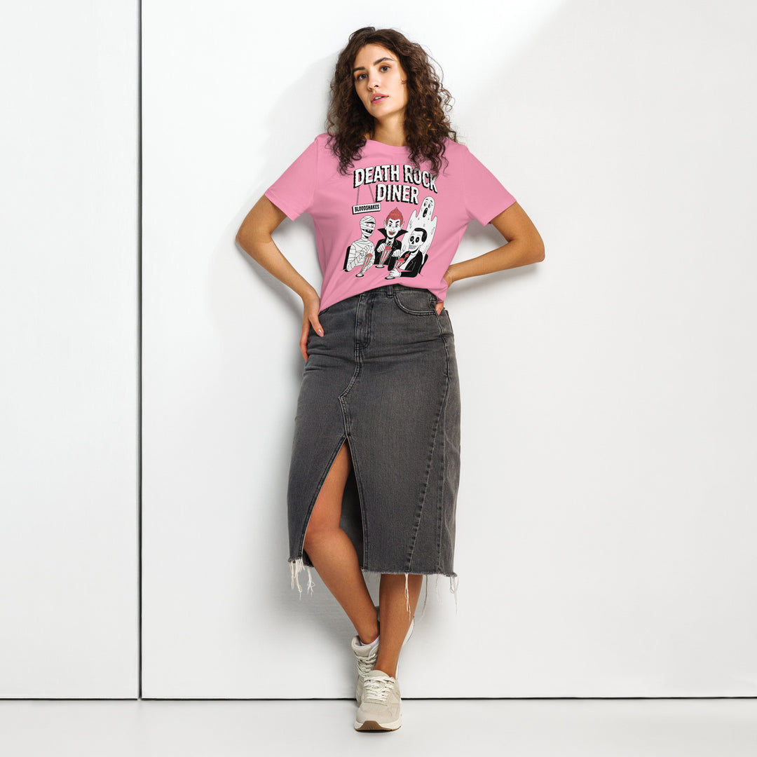 women's halloween t-shirt with death rock diner monsters sipping bloodshakes graphic