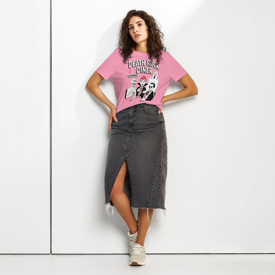 women's halloween t-shirt with death rock diner monsters sipping bloodshakes graphic