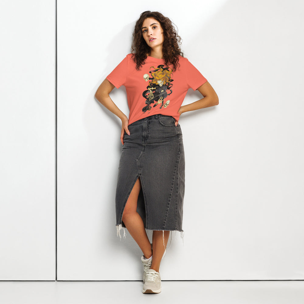 women's halloween t-shirt with fiery ghost violinist and swirling skulls graphic