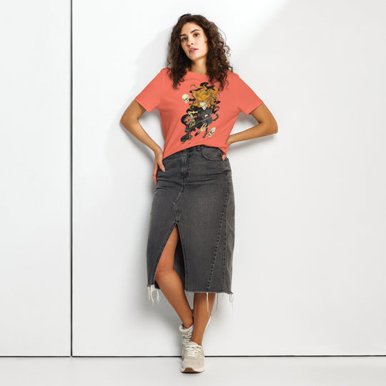 women's halloween t-shirt with fiery ghost violinist and swirling skulls graphic