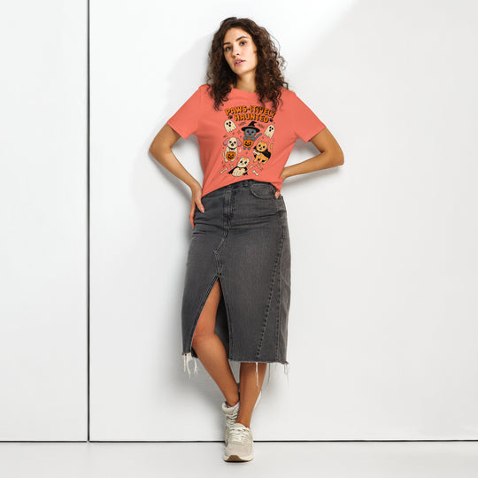women's halloween t-shirt with “paws-itively haunted” cats, dog, ghosts, and pumpkins