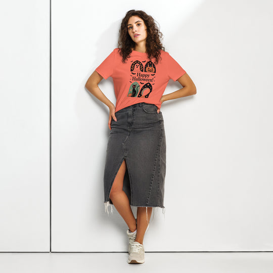 women's halloween t-shirt with happy halloween panels—ghost, pumpkin, cat, crystal ball