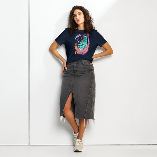 women's halloween t-shirt with neon reaper portal and glowing scythe graphic