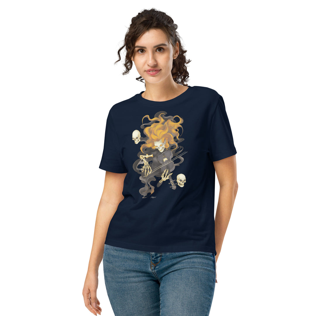 women's halloween t-shirt with fiery ghost violinist and swirling skulls graphic