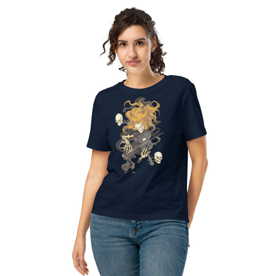 women's halloween t-shirt with fiery ghost violinist and swirling skulls graphic