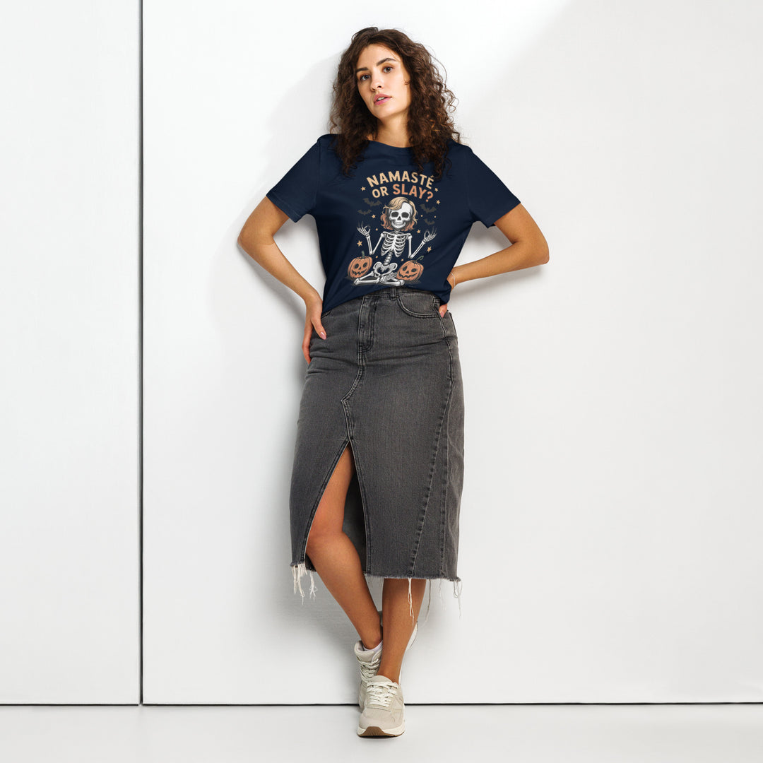 women's halloween t-shirt with skeleton yoga pose, pumpkins, bats and “namasté or slay?” text