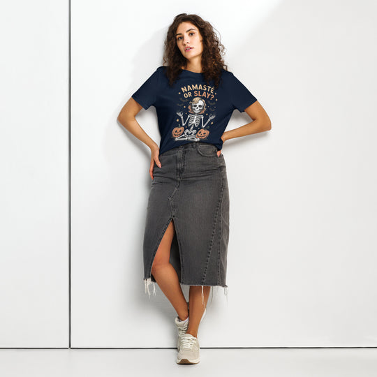 women's halloween t-shirt with skeleton yoga pose, pumpkins, bats and “namasté or slay?” text