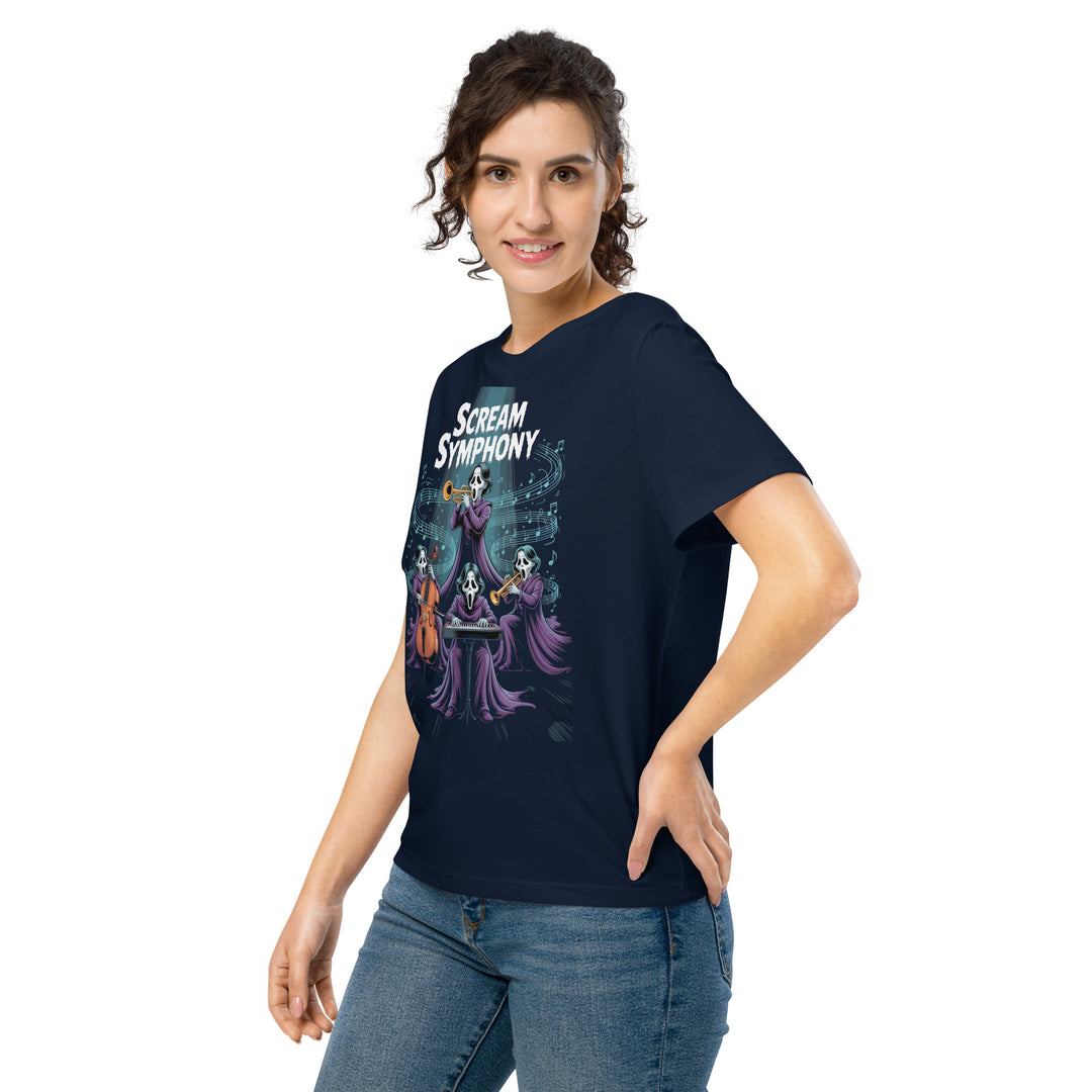 women's halloween t-shirt with spooky symphony masked orchestra design
