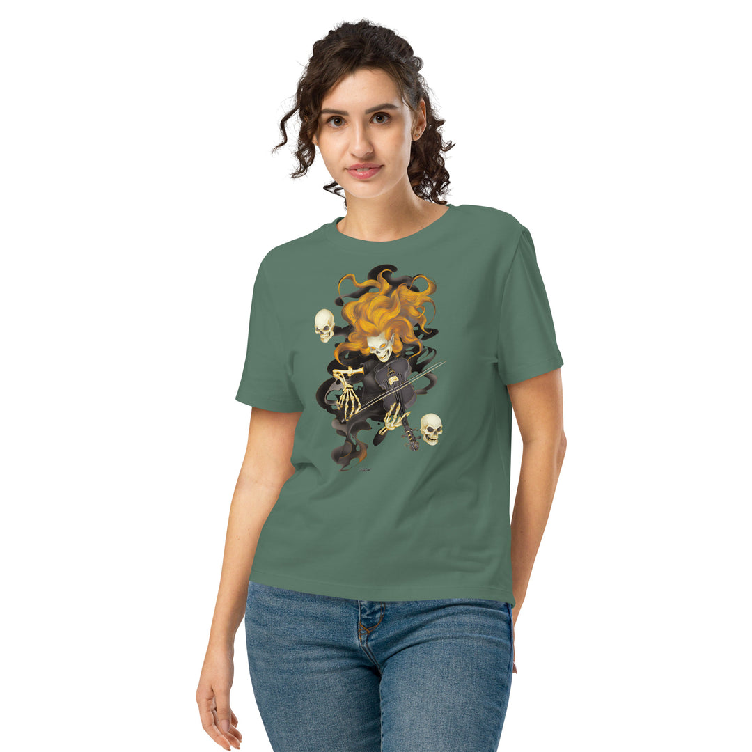 women's halloween t-shirt with fiery ghost violinist and swirling skulls graphic